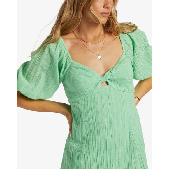 Billabong Sol Gauzy Puff Sleeve Mini Dress Bright Meadow Green Summer Size L NEW - Picture 12 of 12